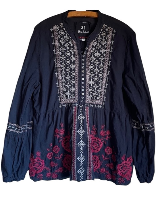 Johnny Was Tops - Johnny Was 3J Workshop Embroidered Cotton Peasant Tunic Top Navy Floral Size L